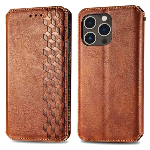 Læretui med A Stilfull Rhombus Imprint til iPhone 14 Pro Max - Brun Brown