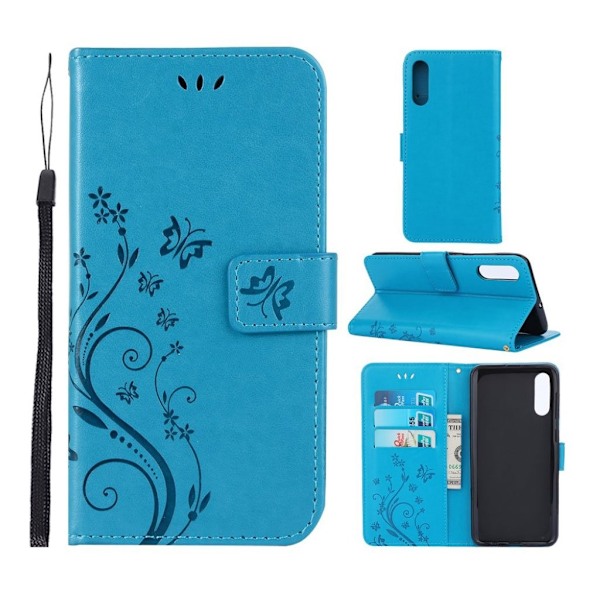 Samsung Galaxy A50 aftryk Sommerfugl blomster læder etui - Blå Blue