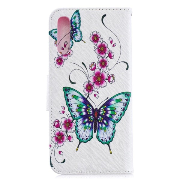 Samsung Galaxy A70 mønstret lædercover - sommerfugl og blomst Multicolor