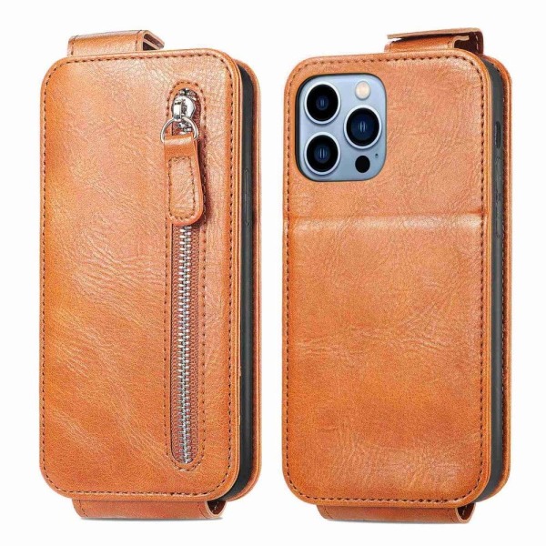 Vertical Flip Phone Suojakotelo With Zipper For iPhone 13 Pro - Ruskea Brown