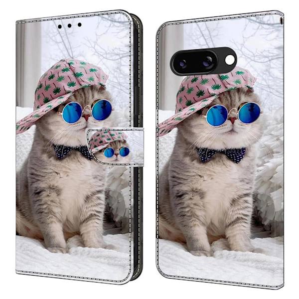 Google Pixel 9a Plånboksfodral Mönster Tryck Stativ Läder Flip Telefonskal - Hattkatt Silvergrå