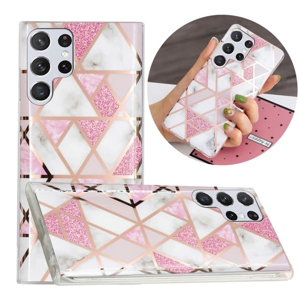 Deco Samsung Galaxy S23 Ultra Etui - Electroplated Lyserød Marmor Pink