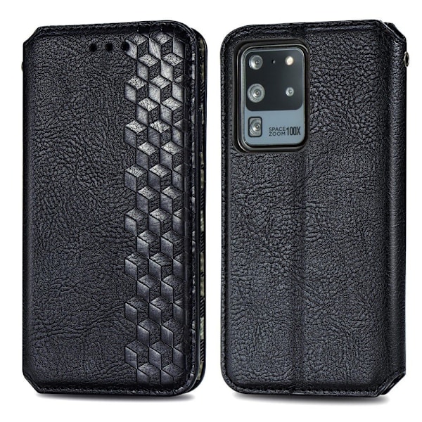 Nahkakotelo With A Stylish Rhombus Imprint For Samsung Galaxy S20 Ultra - Musta Black
