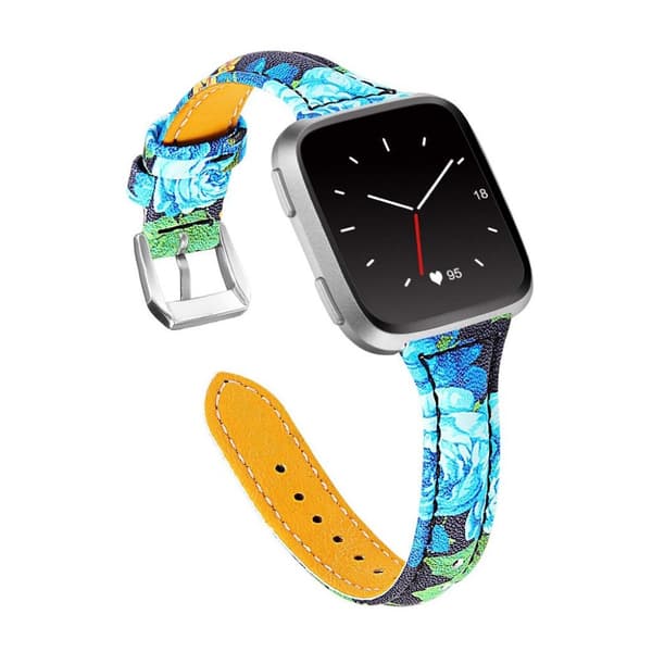 Fitbit Versa Lite klockarmband i äkta läder med blommönster - Blå Ros Blå