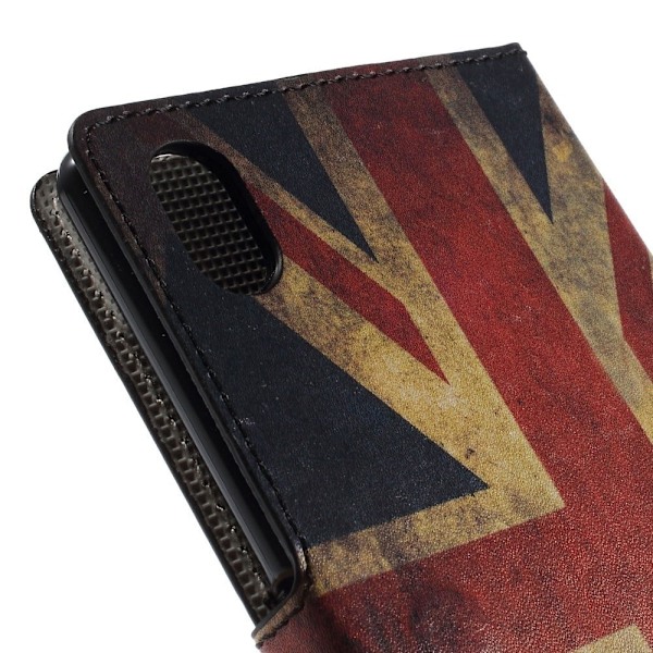 Moberg Sony Xperia M4 Aqua Nahkakotelo Korttitaskuilla - Vintage UK Lippu Multicolor