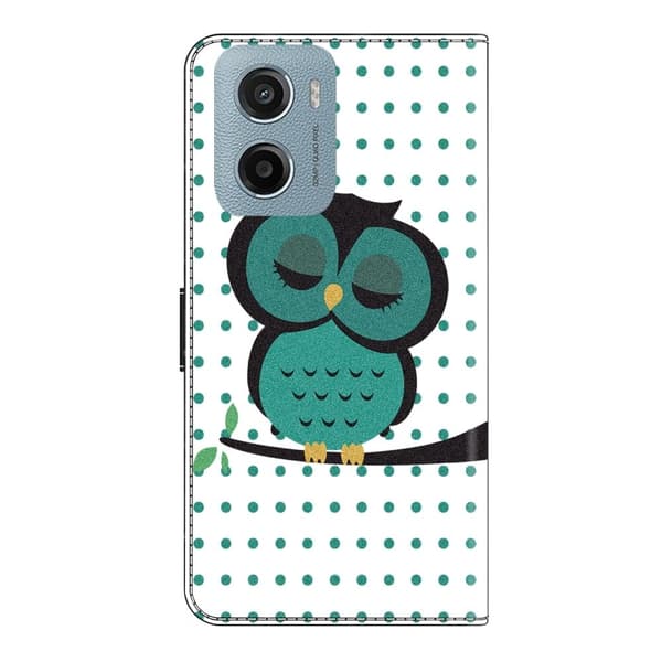 Motorola Moto E15 4G Fodral Magnetic Clasp 3D Pattern Läder Plånbok Telefonskal - Sovande Uggla Grön