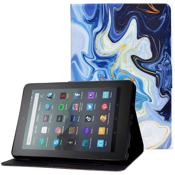 Amazon Fire 7 (2022) læderetui med cool mønster - Blå Marmor Blue