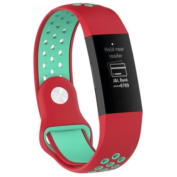 Fitbit Charge 3 andningsbart klockarmband i silikon i två färger - Röd / Cyan multifärg