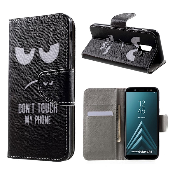 Samsung Galaxy A6 mobiletui i lædermateriale med printet møsnter samt magnetlukning og kortlommer - "Dont Touch My Phone" Multicolor
