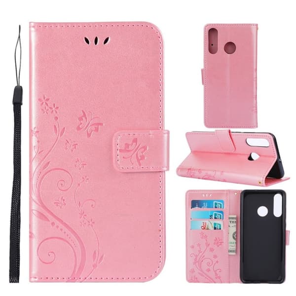Huawei P30 Lite Avtryck fjäril och blomma läderfodral - Rosenguld Rosa