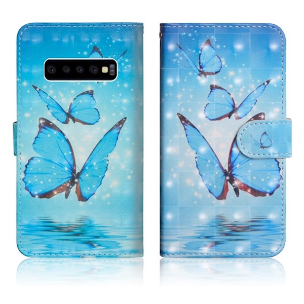 Samsung Galaxy S10 Plus lysspot decorations læder flip etui - Blå Sommerfugl Blue