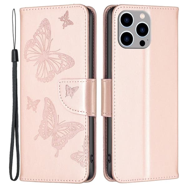 Butterfly iPhone 14 Pro Max nahkakotelo - Kulta Pink