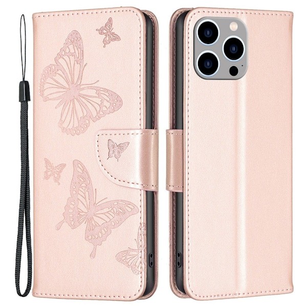 Butterfly läder iPhone 14 Pro Max fodral - Rosa Rosa