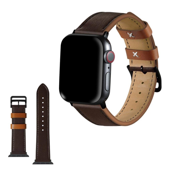 Apple Watch Series 5 44mm kontrast urrem i ægte læder - Brun Brown
