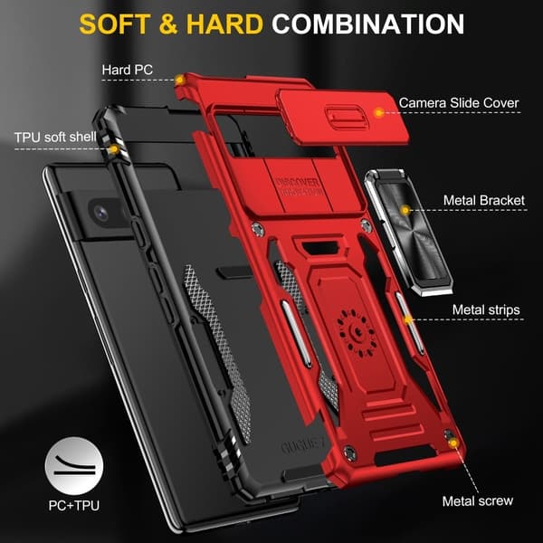 Armor Series Google Pixel 9-etui Støtsikkert og fleksibelt telefondeksel med kickstand og skyvbart linseskjerm - Rød Red