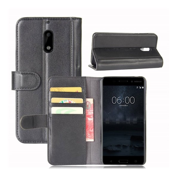 Nokia 6 Etui i ægte læder - Sort Black