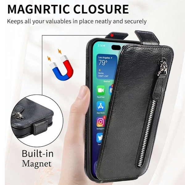 Lodret iPhone 14 flip etui med lynlås - Sort Black