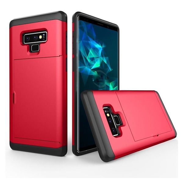 Samsung Galaxy Note9 beskyttelsesetui i hybrid materialer med indbygget kortholder - Rød Red