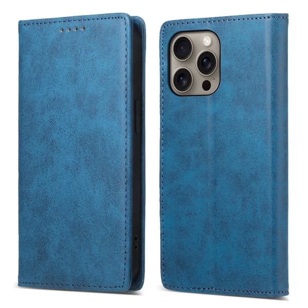 DF-05 iPhone 16 Pro Max-etui RFID-blokkerende flip-telefondeksel i vegansk lær - Blå Blue