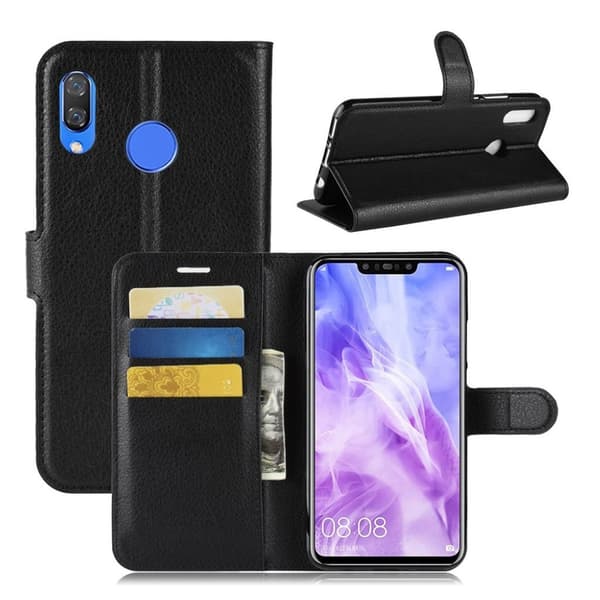 Huawei P Smart Plus mobiletui i kunstlæder med Litchi tekstur og kortlommer - Sort Black
