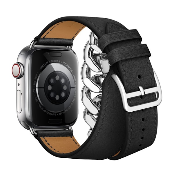 Apple Watch Series 8 (45mm) / Watch Ultra klockarmband i äkta läder med kedjedekor Svart