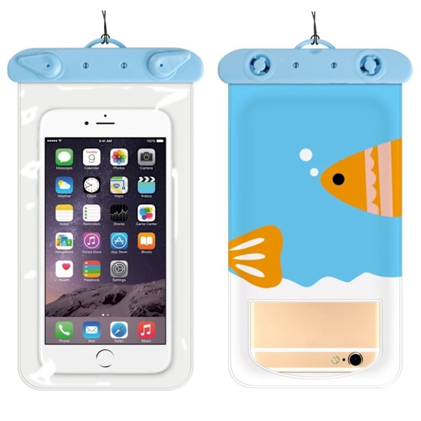 Universal cartoon pattern waterproof pouch for 6-inch smartphone with strap - Salmon Blue