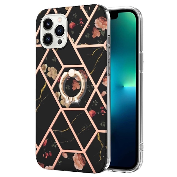 Marble Patterned Suojakuori With Ring Holder For iPhone 14 Pro - Black Flowers Black