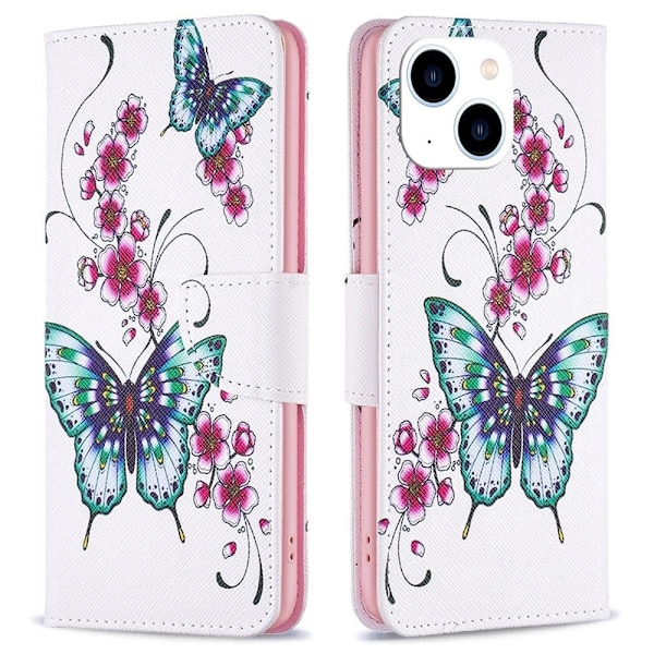 Wonderland iPhone 14 flip etui - Ferskenblomst Og Sommerfugle Multicolor