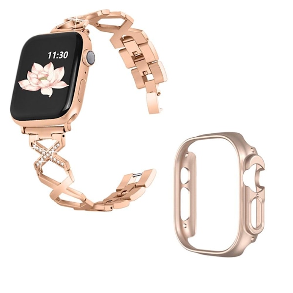 Apple Watch Ultra klockarmband i rostfritt stål med strassdekor och fodral i roséguld - Roséguld Rosa
