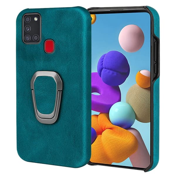 Stötsäkert läderfodral med oval kickstand för Samsung Galaxy A21s - Cyan Grön