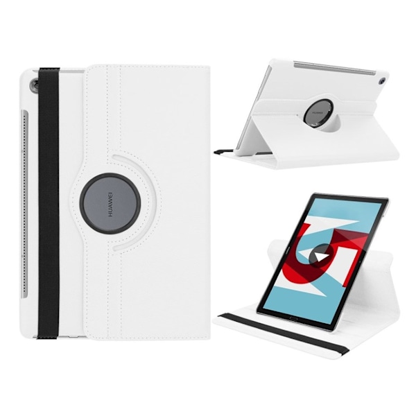 Huawei MediaPad M5 10 beskyttelsesetui i kunstlæder med Litchi overflade. Med stativ og elastisk rem - Hvid White