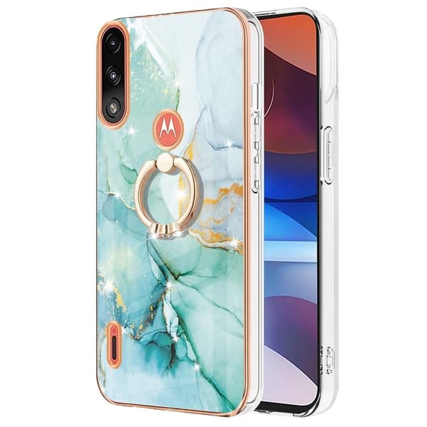 Marble Patterned Suojakuori With Ring Holder For Motorola Moto E7i Power / E7 Power - Vihreä Marble Haze Green