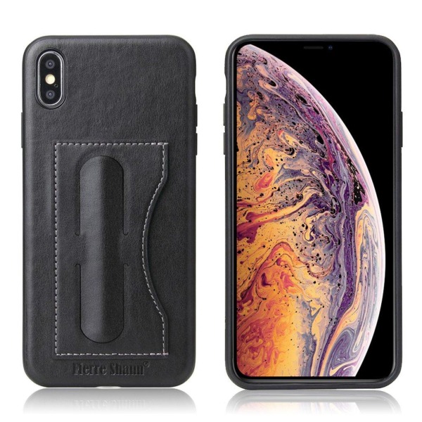 iPhone Xs Max vildhäst texturerat syntetläder mobilskal med kortficka och fotstöd - Svart Svart