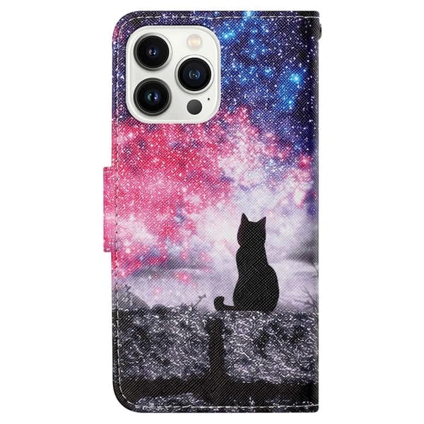 Wonderland iPhone 14 Pro Max Läppäkotelo - Starry Sky / Kissa Multicolor