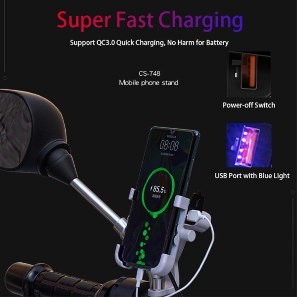 Universal WUPP 360 degree rear view bike phone mount + QC 3.0 ch Black
