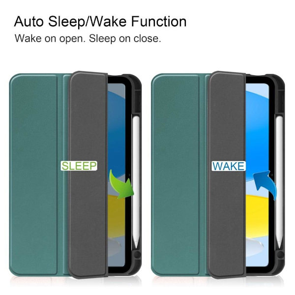 iPad 10.9 (2022) Tablet-etui i vegansk læder Tri-fold Stand Auto Wake / Sleep Beskyttelsescover med penneplads - Grøn Green