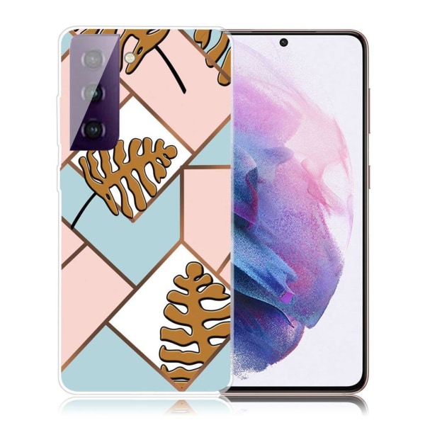 Marble Samsung Galaxy S21 FE Etui - Toon Leaves i Pink og Blue Multicolor