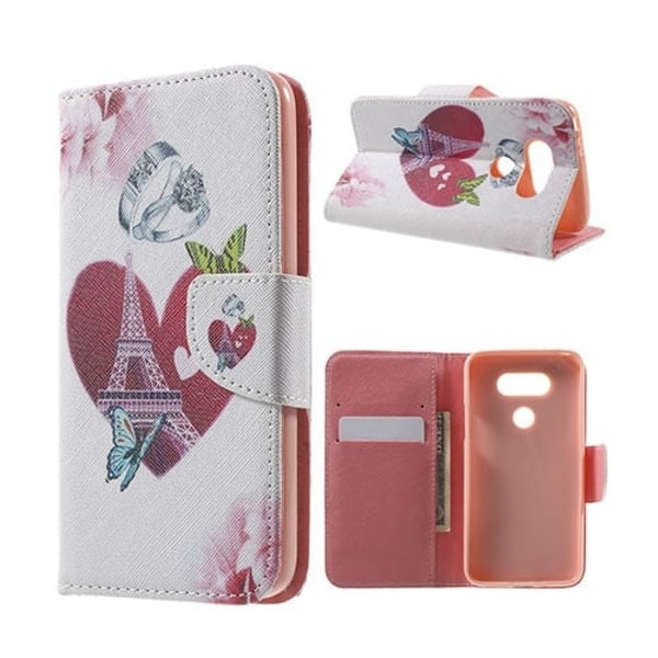 Holberg LG G5 Nahkakotelo Korttitaskuilla - Punainen Sydän Ja Eiffel Torni Multicolor