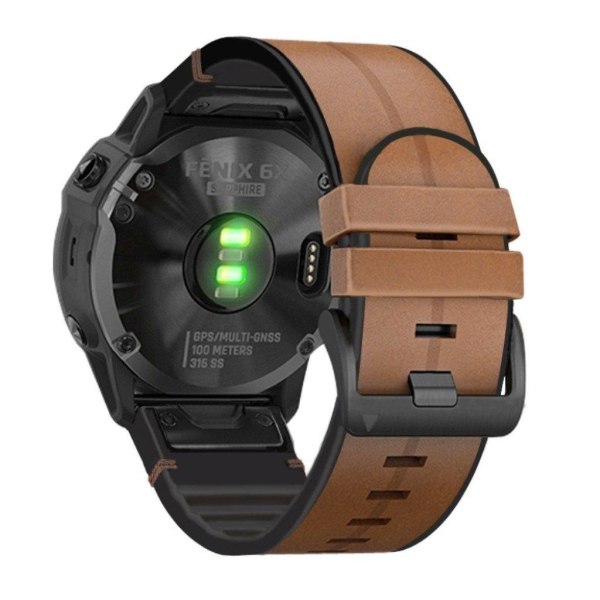 Garmin Fenix 6X / 5X Plus / 3 aito nahka + silikoni ranneke - Ruskea Brown