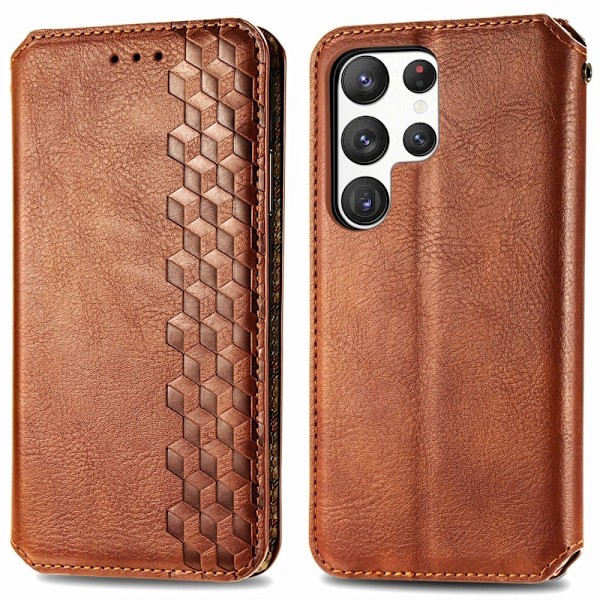 Læder Etui med A Stilfuldt Rhombus Tryk til Samsung Galaxy S23 Ultra - Brun Brown