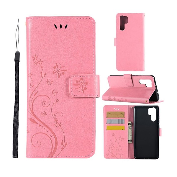 Huawei P30 Pro sommerfugle- og blomstertryk læder flip etui - Lyserød Pink
