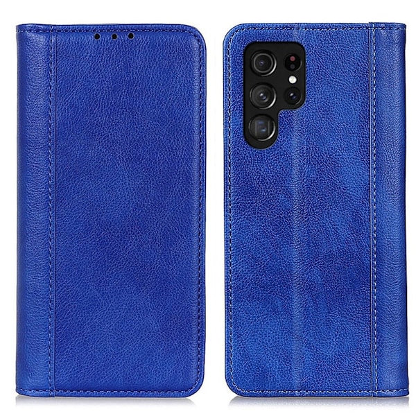 Äkta läder Samsung Galaxy S22 Ultra fodral med magnetisk stängning Blå