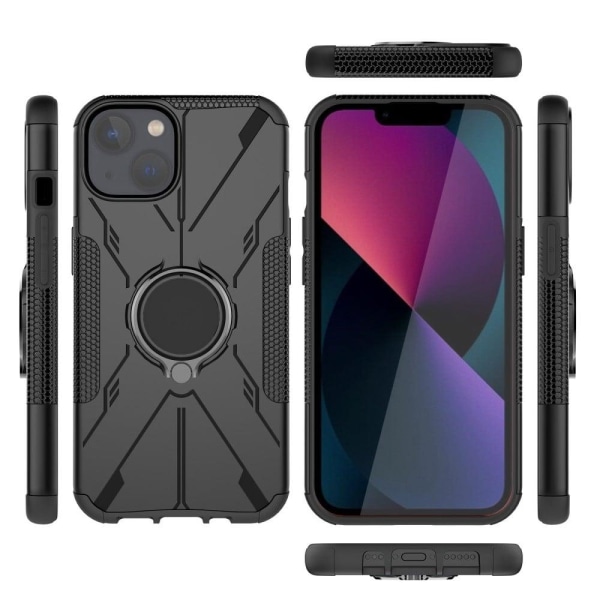 iPhone 13 6,1 tommer Bumpresistent and Flexible Phone Drop-proof Cover Anti-scratch Back Case with Ring Kickstand - Sort Black