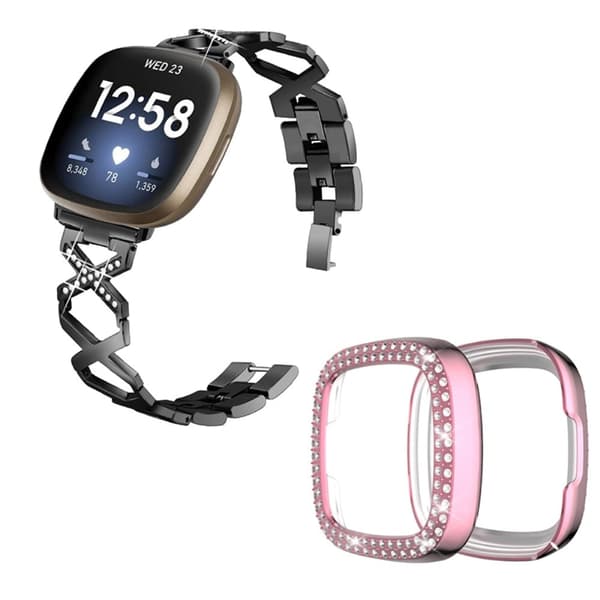 Fitbit Sense / Versa 3 X-form med rhinestone-dekoreret urrem med lyserødt cover - Sort Black
