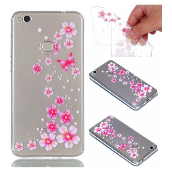 Huawei Honor 8 Lite Deksel laget av silikon - Rosa blomst og sommerfugl Pink