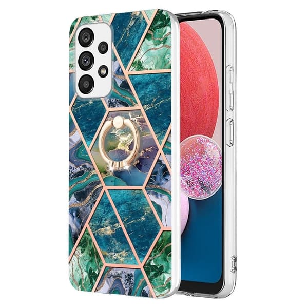 Marble Mønstret Cover med Ring Holder til Samsung Galaxy A13 4G - Blå / Grøn Blue