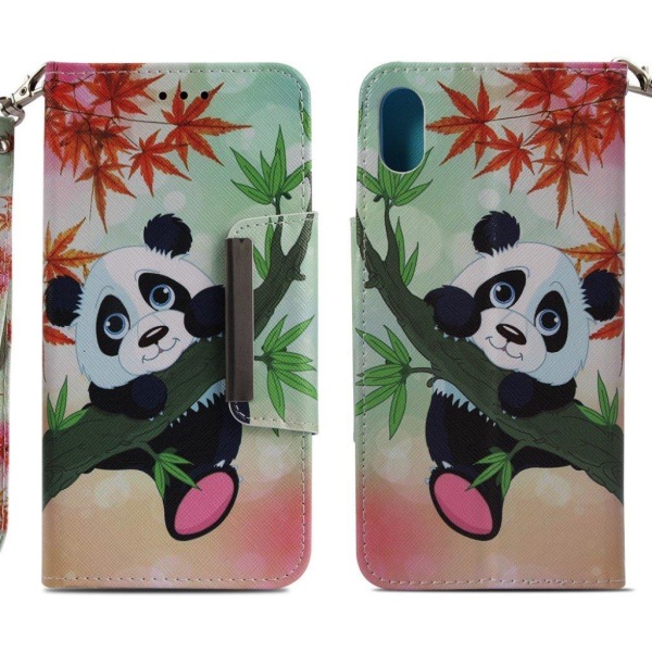 iPhone XS Max mobilfodral silikon syntetläder stående plånbok - Panda på träd multifärg