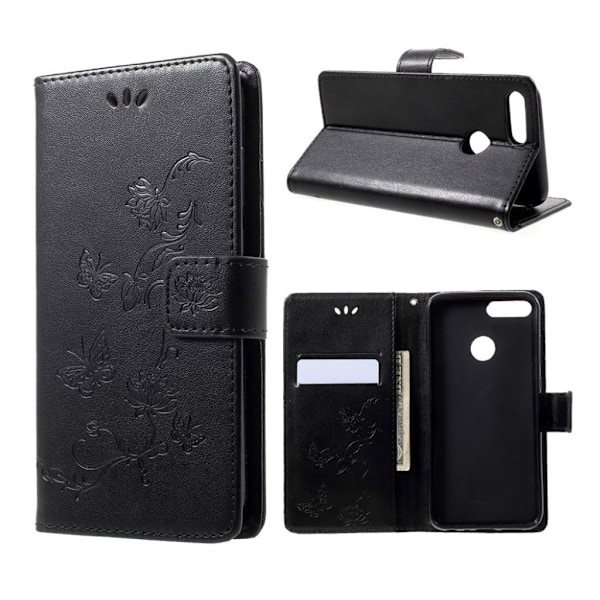 Huawei Honor 9 Lite stemplet sommerfugl blomster PU læder flip etui - Sort Black