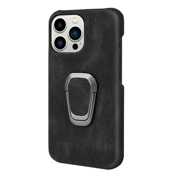 Shockproof Läder Skal med Oval Kickstand till iPhone 14 Pro - Svart Svart