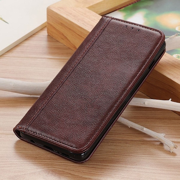 OnePlus Nord N200 5G ægte læderetui med magnetisk lukning - Brun Brown